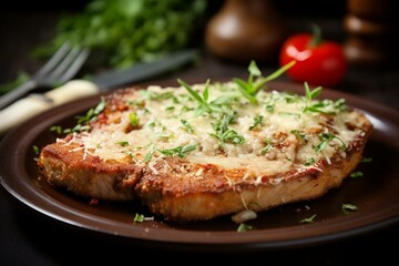 Delicious pork chops with a flavorful parmesan crust, perfect for a tasty and nourishing low-carb dinner. Generative AI