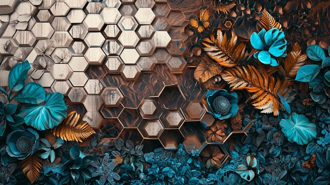 Magical 3D mural on wooden oak, white lattice tiles, shimmering turquoise, blue leaves, deep brown, colorful hexagons, floral design.