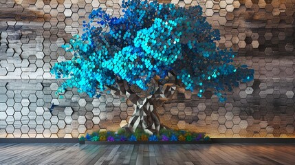 Magical tree in a 3D mural on wooden oak, white lattice tiles, shimmering turquoise, blue leaves, deep brown, colorful hexagons, floral design.