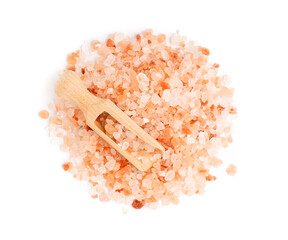Wooden scoop with pink Himalayan salt on white background