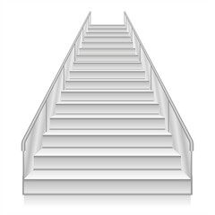 A modern staircase with transparent glass railings, blending seamlessly into a minimalist interior. White staircase realistic illustration, isolated on white background. Front view of white staircase.