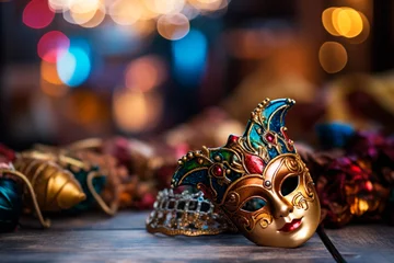  Colorful detail of a carnival mask on a surface, ready to liven up the party. Close-up of vibrant carnival mask standing out on a festive surface. © Marcio
