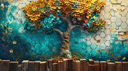 Papier Peint photo Crâne aquarelle Fantasy-themed 3D mural on wooden oak with white lattice tiles, tree with kaleidoscopic leaves in turquoise, blue, brown, colorful hexagons, floral background.