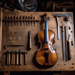Table of tools for traditional making Violin model. Workbench with tools for making wooden musical instruments in 1920's