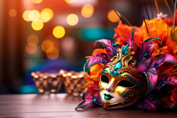 Colorful detail of a carnival mask on a surface, ready to liven up the party. Close-up of vibrant carnival mask standing out on a festive surface.