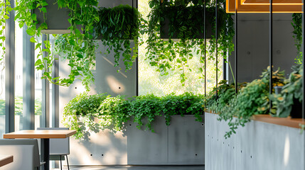 Folhagem exuberante derrama sobre as bordas de elegantes plantadores minimalistas criando um impressionante contraste contra o pano de fundo da moderna arquitetura urbana - obrazy, fototapety, plakaty