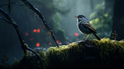 Fototapeta premium Majestic Nightingale Resting on a Lush Moss-Covered Stone in Enchanting Forest Setting - AI-Generative