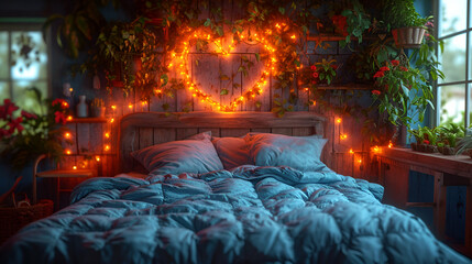 Glowing Romance: Cinnamon Pink and Orange Lights on Bed