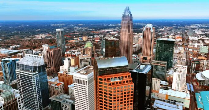Varied architecture in the uptown of Charlotte, North Carolina, USA at daytime. View above the group of beautiful skyscrapers.