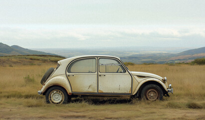 AI-Generated Image: Abandoned Rusty French Vintage Car in Countryside