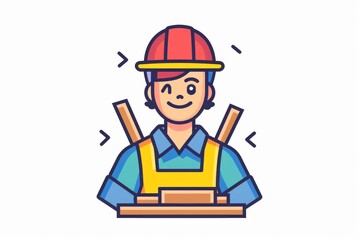 A playful cartoon of a hardworking man, his human face beaming with determination as he dons a hard hat, sketched with the charming simplicity of a figure in this whimsical clipart illustration