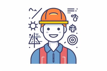 A whimsical cartoon drawing of a man in a hard hat, captured in an intricate illustration that combines sketch and clipart elements