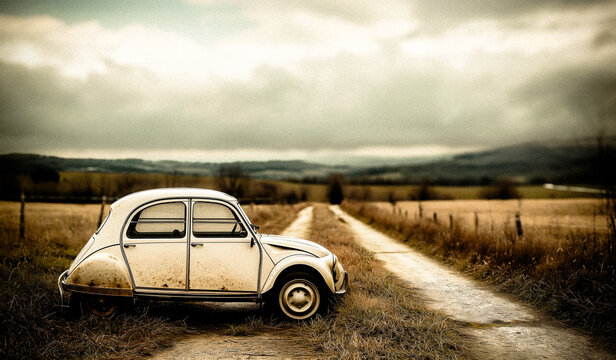 AI-Generated Image: Abandoned Rusty French Vintage Car in Countryside