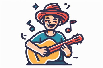 A lively cartoon of a human face strumming a vibrant guitar, beautifully captured through a whimsical illustration, evoking feelings of musical passion and artistic expression