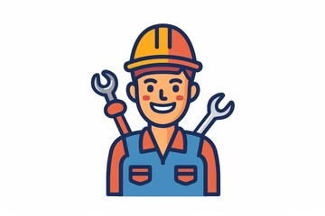A whimsical illustration of a hard-working man, with a lego-like face and a playful cartoon style, confidently holds a wrench in his hand as he prepares to tackle any challenge that comes his way