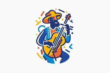 An artistic rendering of a guitar player strumming away with lively musical notes floating in the background, bringing to life the joy and passion of music through the use of playful clipart and vibr