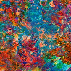 Vibrant, colorful and fluid abstract paint texture background in a modern and contemporary style with shades of blue, cyan, red, orange, yellow