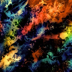 Vibrant, colorful and fluid abstract paint texture background in a modern and contemporary style with shades of orange, blue, yellow, cyan, black