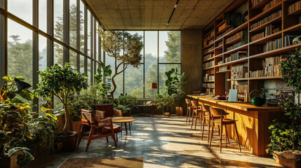 Fototapeta premium AI-Generated Image of Eco-Friendly Company Offices with Greenery and Large Glass Windows