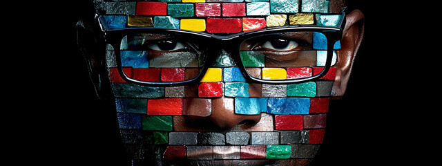 The Kaleidoscopic Visage, A Vibrant, Chromatic Portrait of a Man With Enigmatic Glasses