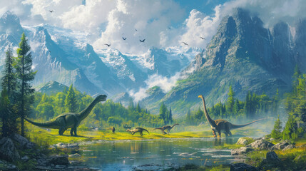 Diplodocus Dinosaur in a whimsical and colorful style. In natural habitat. Jurassic Park. - obrazy, fototapety, plakaty