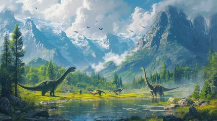 Poster Diplodocus Dinosaur in a whimsical and colorful style. In natural habitat. Jurassic Park. © Serega