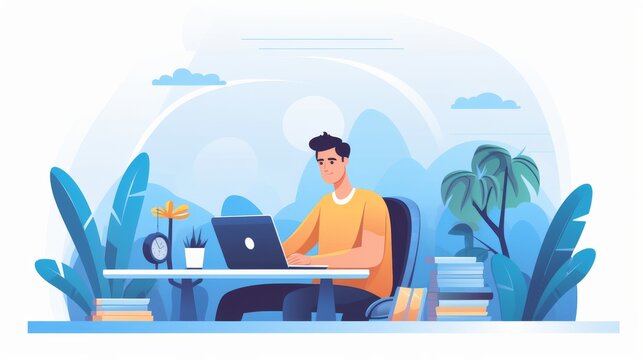 A stylishly dressed man sat at his desk, surrounded by scattered clothing sketches and cartoon illustrations, passionately bringing his creative vision to life on his laptop