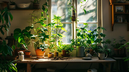 Plantas de casa verdes exuberantes enchem uma sala acolhedora com suas folhas projetando sombras brincalhonas nas paredes