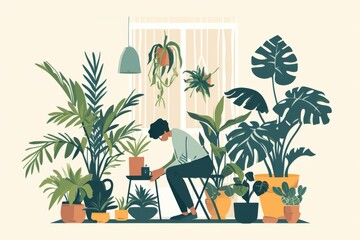 A solitary man finds peace among a plethora of potted plants, his intricate illustrations breathing life into the stillness of the room