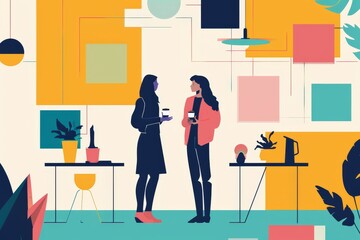 Two stylish ladies, surrounded by vibrant illustrations and potted plants, discuss their shared love for fashion and art while surrounded by playful cartoon designs
