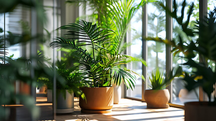 Plantas de casa verde exuberante revestem o interior moderno e elegante de um espaço de vida luminoso