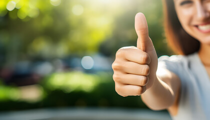 In a close-up shot, a woman's hand extends a thumbs-up as a positive sign of approval.