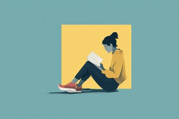 A stylish woman sits comfortably on the floor, lost in a captivating book, surrounded by scattered clothing and footwear while a whimsical cartoon illustration of a person reading adorns the pages