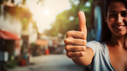 A woman's hand in focus, expressing approval or giving a like with the thumbs-up gesture