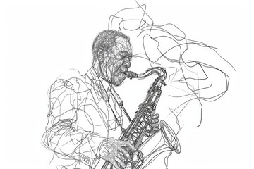 A musician pours his soul into his instrument, creating a symphony of passion and beauty as his saxophone sings across the pages of a coloring book - obrazy, fototapety, plakaty