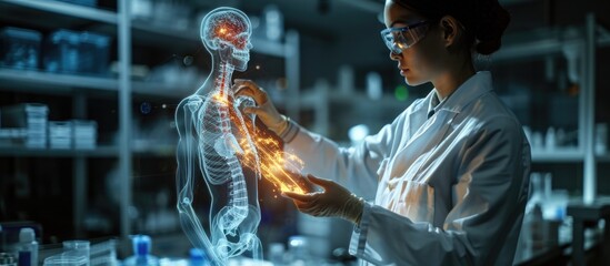 Medicine with futuristic technology. Doctors collaborate with computers, and holograms materialize intricate medical data, symbolizing harmonious future of advanced healthcare digital integration. - obrazy, fototapety, plakaty