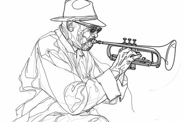 A lone man pours his soul into his trumpet, his hat tipped low as he creates a symphony with his lines and strokes