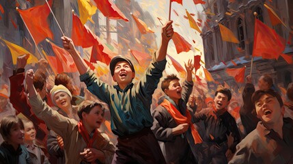 Painting of a Crowd of People Holding Flags Celebrating Together at a Parade, Happy New Year