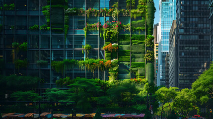 O exuberante e verde emaranhado de heras caem pelo lado de um arranha-céu criando um impressionante contraste com a elegante arquitetura de vidro e aço da selva urbana