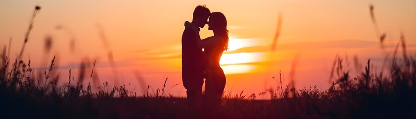 Silhouette of a couple embracing against a colorful sunset, valentine’s day vibes, background image, generative AI - obrazy, fototapety, plakaty