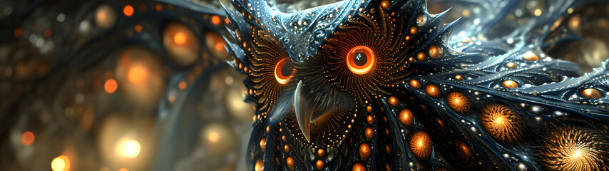 A striking owl with piercing orange eyes illuminates the darkness with its vibrant gaze