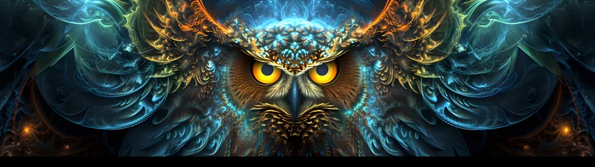 Küchenrückwand glas motiv A mesmerizing fractal art painting capturing the piercing gaze of an owl with yellow eyes, frozen in time on a digital screenshot © Daniel