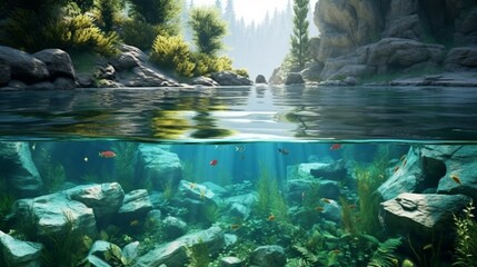 illustration of river pool piece of aquarium or small pond Ai Generative - obrazy, fototapety, plakaty