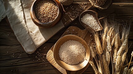 Flat Composition of Grains, seeds and cereals laid out on a wooden surface