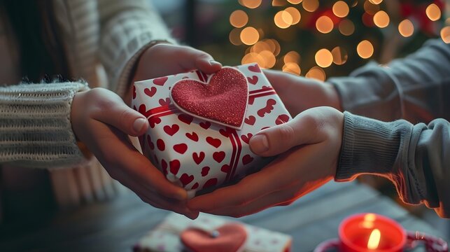 Couple exchanging thoughtful gifts wrapped in heart-themed paper, valentine’s day vibes, background image, generative AI