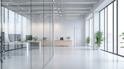 A bright and spacious office interior, with reflective glass partitions and a clean, minimalist aesthetic, bathed in natural daylight. - obrazy, fototapety, plakaty