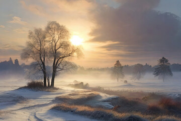 Fototapeta premium Capture the tranquil beauty of a winter morning, where frost-kissed landscapes and soft sunlight create a serene and magical atmosphere.