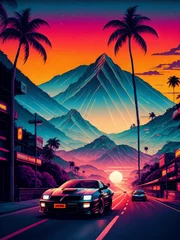 Fototapeten synthwave sunset scenery, a supercar driving down the road on an orange sunset, waves, mountains, palm trees, miami, 80s, warm, colourful, summer vibes, golden times  © aiximagination