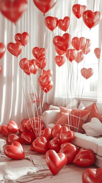 Room filled with heart-shaped balloons for a romantic surprise, valentine’s day vibes, background image, generative AI