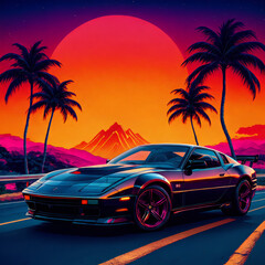 synthwave sunset scenery, a supercar driving down the road on an orange sunset, waves, mountains, palm trees, miami, 80s, warm, colourful, summer vibes, golden times	
